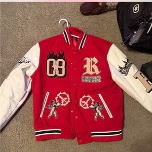 Red and White Varsity Jacket with Patches